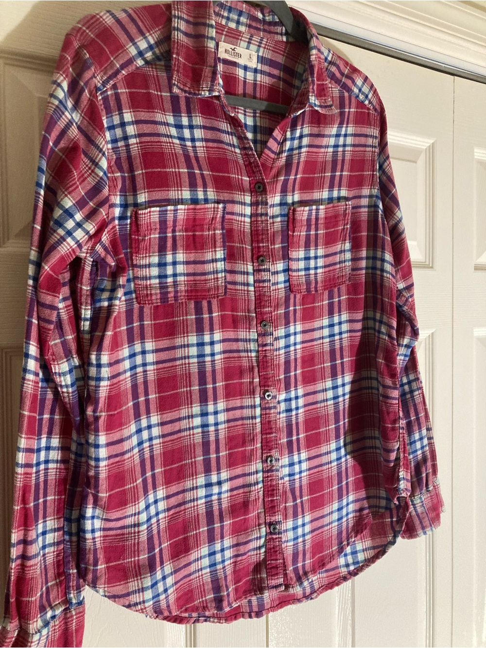 Hollister Red Plaid Button-Down Shirt with Blue and White Accents